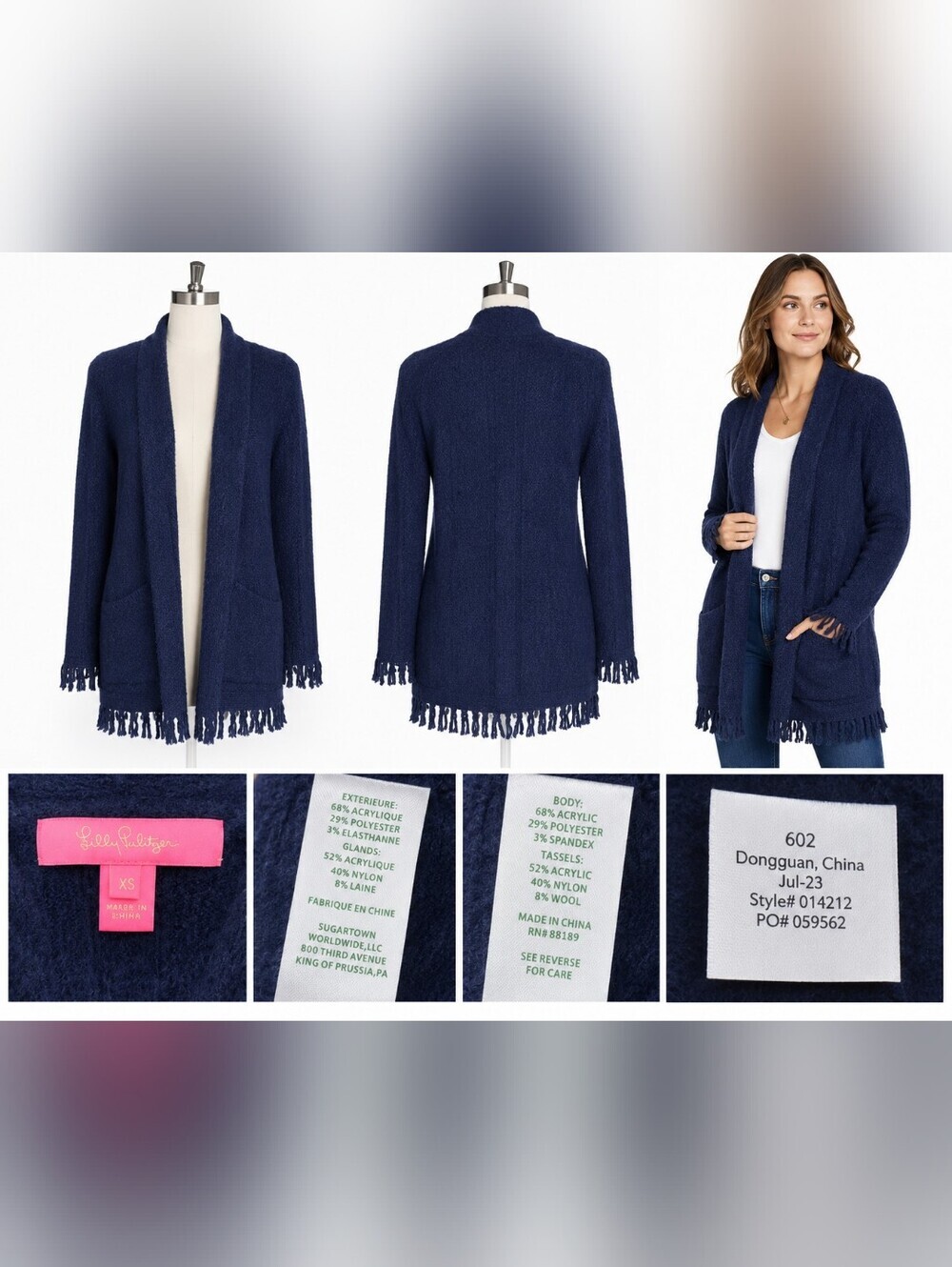 Lilly Pulitzer XS Navy Fringe Open Front Cardigan Sweater Cozy Knit Pockets.